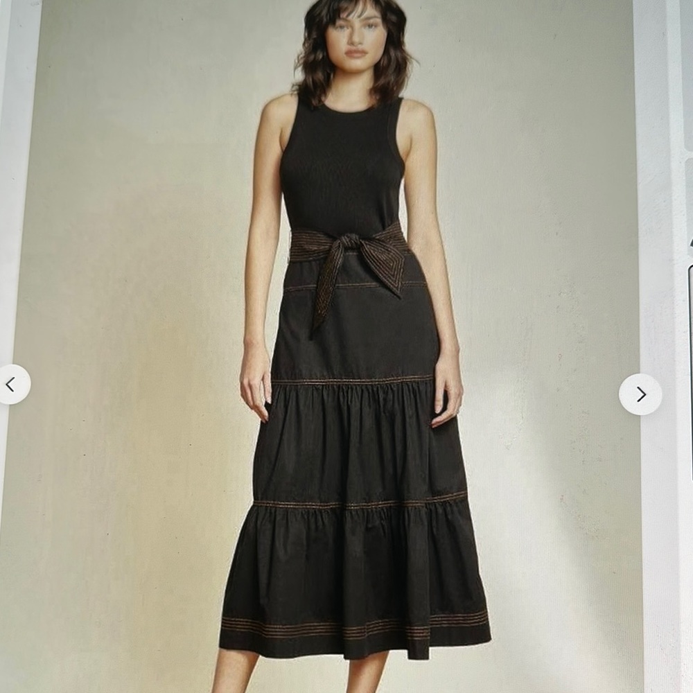 Tahari Elegant Black Sleeveless Midi Dress with Gold Tiered Accents, NWT - Picture 2 of 6